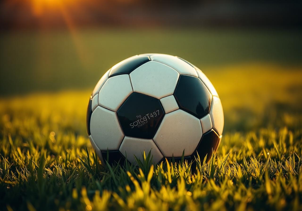 Soccer ball on grass at golden hour